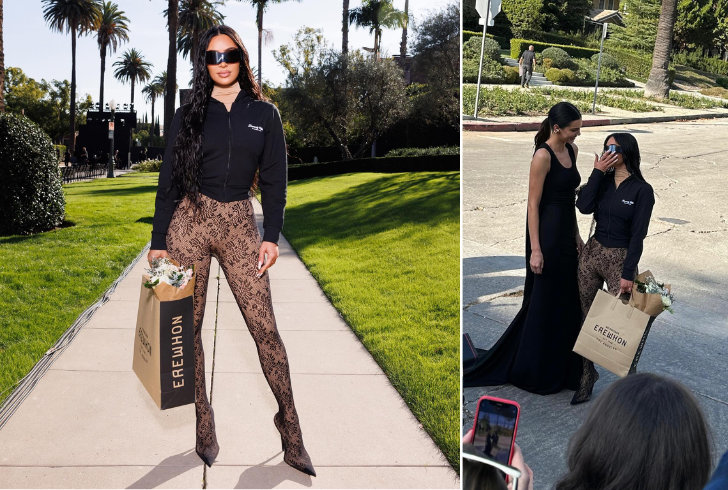 Kim Kardashian showcasing a Balenciaga paper bag collaboration with Erewhon